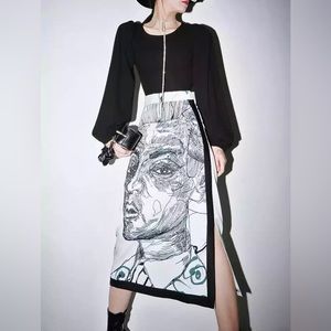 Midi Skirt Split Print Character High Waist Skirt in Medium